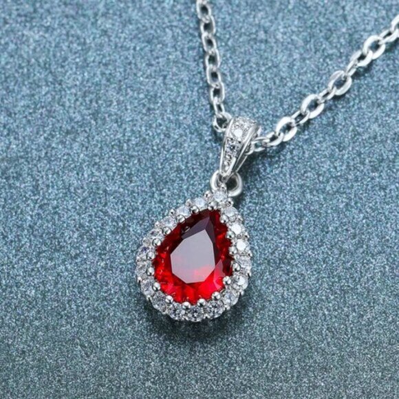 NEW 14k White Gold Ruby Diamond Necklace Tear Drop Pear Cut Pendant - Picture 3 of 5